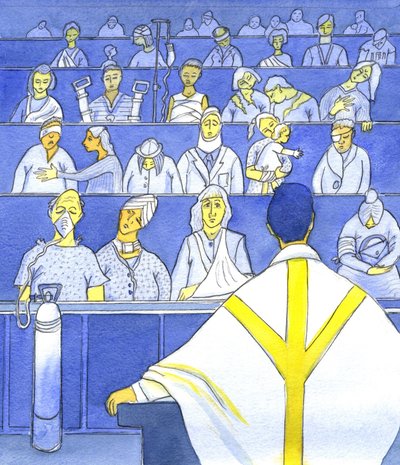 Miközben a pap a gyülekezetére tekint, amikor prédikálni és tanítani készül a szentmisén, emlékeznie kell arra, hogy mennyire rászorultak, 2001 (papíron). alkotó: Elizabeth Wang