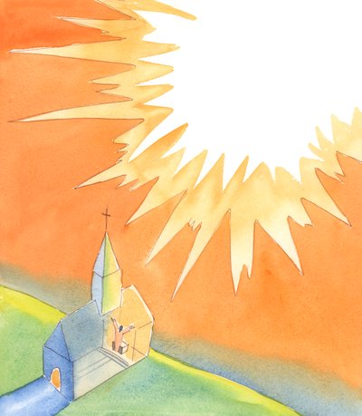 Amikor összegyűlünk a templomban a misére, biztosak lehetünk benne, hogy maga Krisztus is velünk lesz, aki méltó dicséretet mond az Atyának a szentélyünkből, az összes szentek és angyalok jelenlétében, 2005 (akvarell, papír). alkotó: Elizabeth Wang