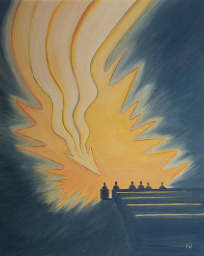 A szentáldozáskor nagy láng, mint egy nyíl, leszáll ránk, amikor Krisztus a Lélek erejével találkozik velünk, 2001 (olaj a fedélzeten) alkotó: Elizabeth Wang