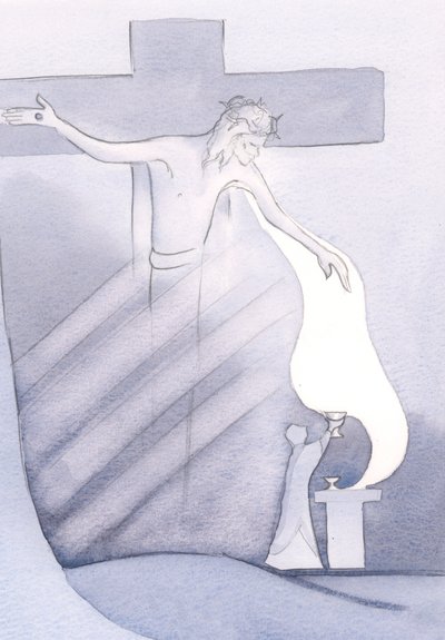 Minden szentmisén kiöntik Krisztus drága vérét a keresztről, a bűntől való megváltásunkért, 2000 (papíron) alkotó: Elizabeth Wang