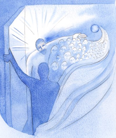 A mennybemenetelkor Krisztus, testvérünk, diadalmasan visszatért az Atyához, és utat nyitott számunkra a mennybe, 2001 (papíron nem) alkotó: Elizabeth Wang