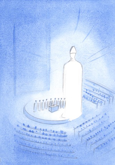 A Knock-bazilika kegyhelyének közepén láttam Jézust a szentmise alatt; Lángolt a fényben, gérvágó volt a fején, 2001 (papíron nem) alkotó: Elizabeth Wang