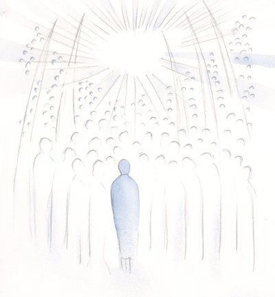 Minden ember, akiért imádkozunk, Isten fényébe emelkedik, és a szentek imái segítik őket, 2000 (papíron). alkotó: Elizabeth Wang