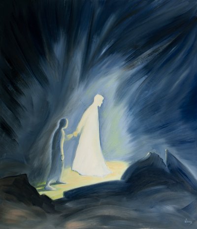 Jézus még szenvedéseink sötétjében is vigasztal és vezet bennünket, 2001 (olaj a fedélzeten) alkotó: Elizabeth Wang