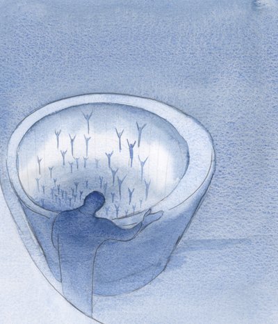 Mennyire szükségük van az elhunyt lelkeknek imáinkra. Néhányan közelebb vannak a fényhez; mások a mélység fölött vannak felfüggesztve., 2001 (papíron víz nélkül) alkotó: Elizabeth Wang
