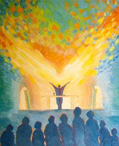 A Szent Liturgiában, akárcsak személyes imánkban, a Szentlélek erejére támaszkodunk, 2000 (olaj a fedélzeten) alkotó: Elizabeth Wang