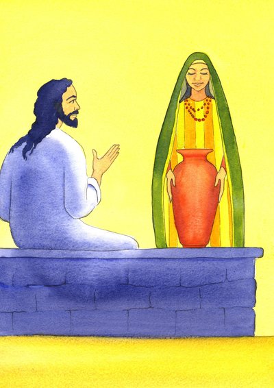 Jézus találkozik a szamaritánus asszonnyal a kútnál, 2001 (papíron) alkotó: Elizabeth Wang