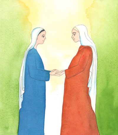 A Szűzanya és Szent Erzsébet gyakorolta; de az engedelmesség erényét ma nem nagyon becsülik, 2005 (akvarell, papír). alkotó: Elizabeth Wang