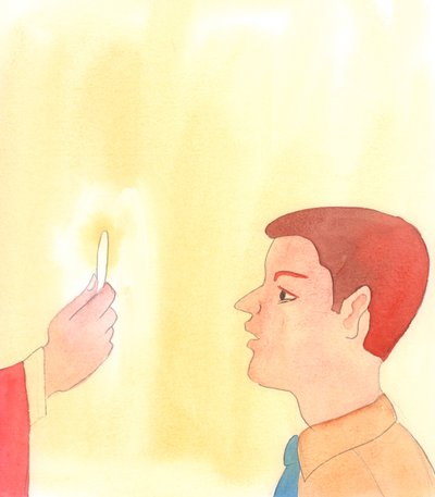 Azok az emberek, akik hisznek Jézus szavaiban a Szent Eucharisztiáról, úgy viselkednek, ahogyan az embereknek viselkedniük kell Istenükkel és Megváltójukkal szemben, Valóban jelen van a kenyér megjelenése alatt, 2005 (akvarell, papír). alkotó: Elizabeth Wang