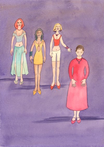 Az Úr arra kéri a nőket, hogy a Szentírás szerint szerényen öltözködjenek, és így segítsék elő a tisztaságot önmagukban és másokban, 2004 (akvarell, papír). alkotó: Elizabeth Wang