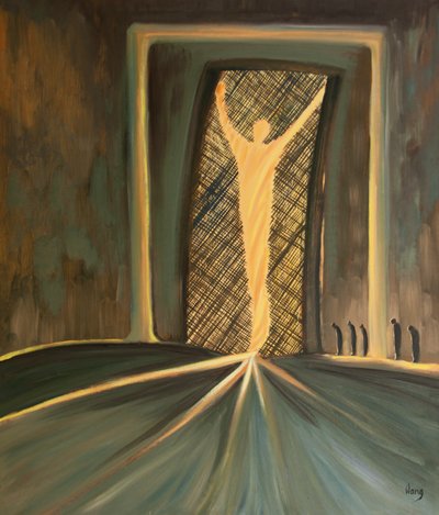 Jézus áldozata élő nyílást tett a függönyön keresztül a Szentek Szentjére, Isten fényére, hogy beléphessünk a mennybe, 2000 (olaj a fedélzeten) alkotó: Elizabeth Wang