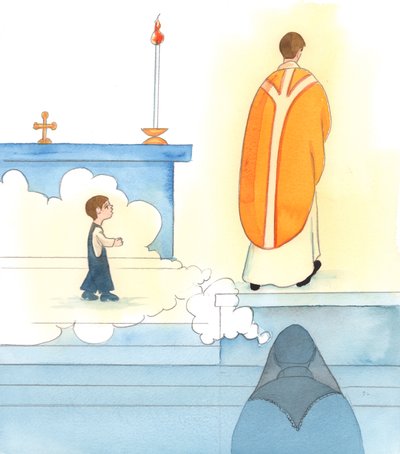 A pap édesanyjának fel kell ismernie a pap hivatásának kialakulásában játszott szerepét, 2005 (akvarell, papír) alkotó: Elizabeth Wang