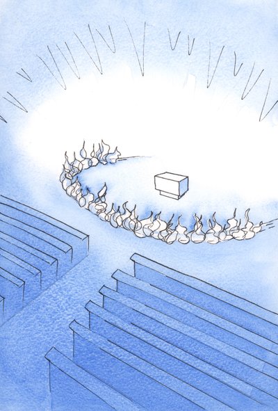 A katolikus templomban a szentély egy szent hely, mintha tűz veszi körül, és fel kell készülnünk arra, hogy méltóbbak legyünk az oltárhoz közeledve, 2001 (papíron nem) alkotó: Elizabeth Wang