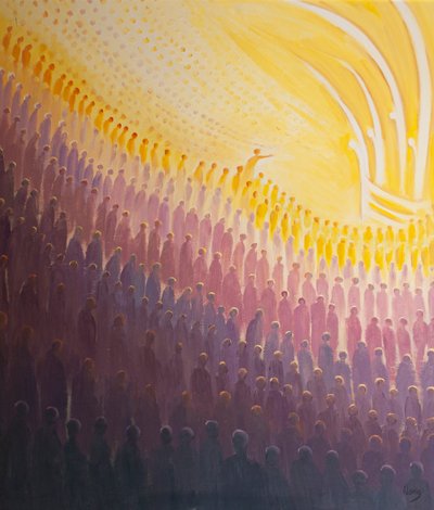 Imáink által a Purgatórium Szent Lelkei vigaszt és segítséget kapnak, és közelebb kerülhetnek a Mennyországhoz, 2000 (olaj a fedélzeten) alkotó: Elizabeth Wang