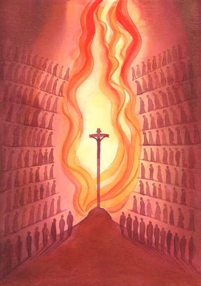 A szentmisén keresztül Isten népének minden generációja jelen van a Krisztusnak szánt egyetlen áldozatnál, ahogyan az az oltáron ábrázolva van., 2001 (papíron nem) alkotó: Elizabeth Wang