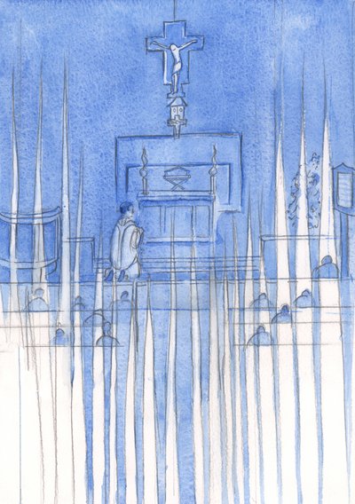 Amikor a hűséges emberek a Szent Rózsafüzért imádkozzák, szent angyalok veszik körül őket, és áhítatos csendben virrasztanak, 2002 (papíron nélkül) alkotó: Elizabeth Wang