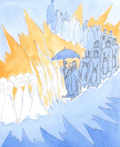 Valahányszor tiszteljük Jézus jelenlétét az Oltáriszentségben, az angyalok és a szentek csatlakoznak hozzánk az istentiszteleten, 2004 (papíron) alkotó: Elizabeth Wang