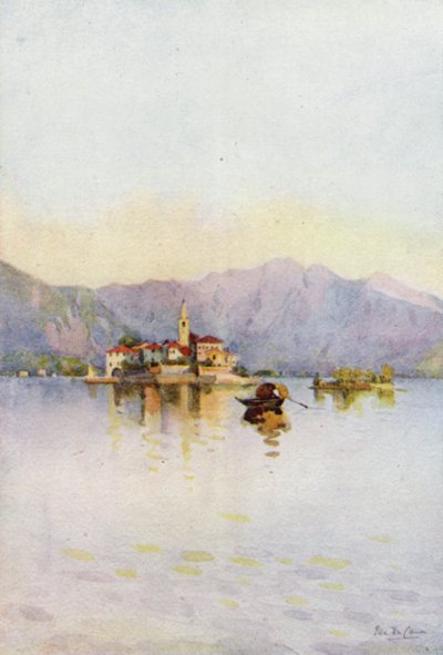 Isola Pescatori és a Sasso di Ferro, Maggiore-tó (színes litho) alkotó: Ella Du Cane