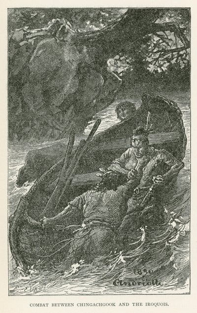 Csingachgook és az irokézek közötti harc (metszet) alkotó: Elviro Michael Andriolli