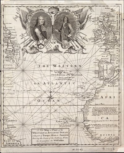 A nyugati vagy atlanti óceán új térképe vagy térképe Európa, Afrika és Amerika egy részével: a gályák útvonalát mutatja a Nyugat-Indiába és vissza. alkotó: Emanuel Bowen