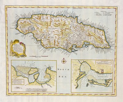 Jamaica szigetének térképe, fő plébániákra osztva 1760 körül (kézzel színezett metszet) alkotó: Emanuel Bowen