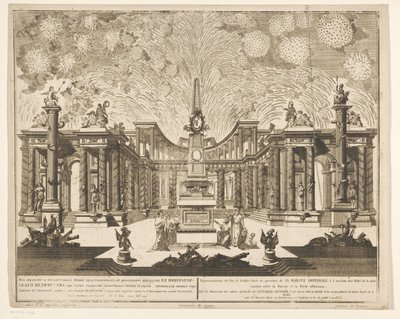 Vuurwerk in Moskou bij de viering van het einde van de Russisch-Turkse Oorlog, 1775 (III. felvonás) Tűzijáték ábrázolása, ő Császári Felsége jelenlétében lőtt az Oroszország és az Oszmán Porta között megkötött békeünnep alkalmából (sorozat alkotó: Emel