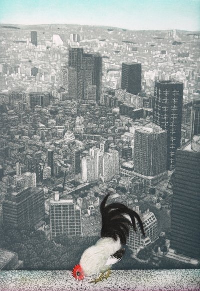 Jakucyu kakasa, 2009 (metszet) alkotó: Emiko Aida