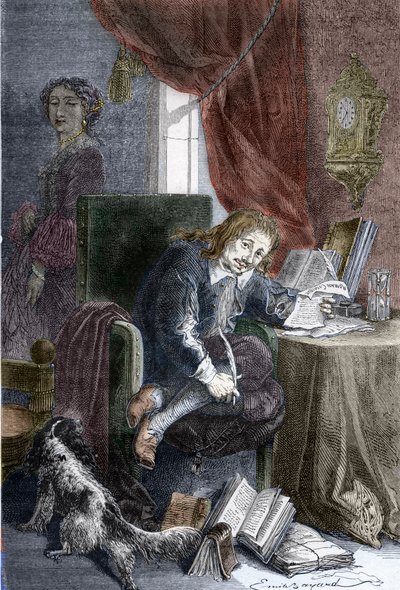 Paul Scarron (1610-1660) francia író, burleszk vígjátékok írójának portréja, rokkant széken van ábrázolva, mögötte az árnyékban áll felesége, Francoise d