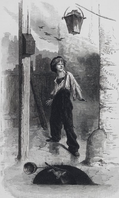 Jelenet a Nyomorultakból, Victor Hugo: Gavroche (metszet) alkotó: Emile Antoine (after) Bayard