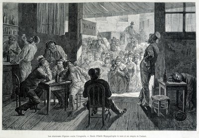 Nők csoportja egy bár előtt, nőknek tilos, himnuszokat énekelnek részegeknek az alkoholizmus ellen alkotó: Emile Antoine Bayard