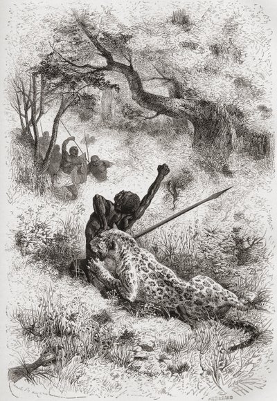 Egy afrikait támadó leopárd, illusztráció a „The World in the Hands” című könyvből, Henri Theophile Hildibrand (1824-97) metszetében, 1878-ban alkotó: Emile Antoine Bayard