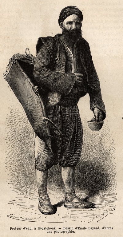 Egy vízszállító, vándorkereskedő felszerelésével, egyfajta tankdobozsal és mérőeszközként és pohárral pózol, Roustchoukban (Románia), metszet Emile Bayard rajza nyomán, a bulgáriai utazást illusztrálva, Guillaume Lejean, ban ben alkotó: Emile Antoine Bayard