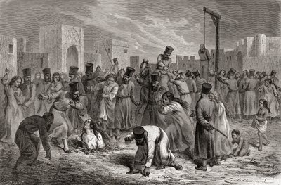 Házasságtörőket megköveznek és felakasztottak Törökországban, illusztráció a „The World in the Hands” című könyvből, Huyot metszetében, 1878-ban alkotó: Emile Antoine Bayard