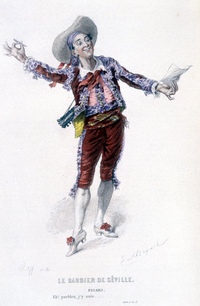 Beaumarchais (1732-1799) teljes munkája, Edouard Fournier. Emile Bayard rajza. Szerk. Laplace, Sanchez et Cie, Párizs 1876. Ez Figaro a „Sevillai borbély”-ban. alkotó: Emile Antoine Bayard