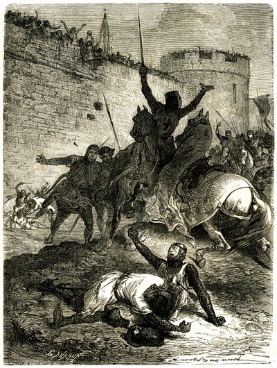 Keresztes hadjárat az Albigeois-ok ellen – Toulouse ostroma, 1218. június 25. Simon de Montfort testvérét éppen most megsebesítette egy nyílvessző, magát Simon de Montfortot pedig egy katapultlabda fogja megölni – állítólag az egyik nő. Toulouse, aki alkotó: Emile Antoine Bayard