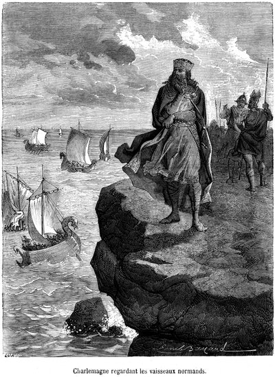 Charlemagne császár a normann hajók érkezését figyeli a francia tengerparton - Viking hajók és harcosok - Drakkar, Skandináv hajózás, Skandináv invázió - Emile Bayard metszet, amely „A népszerű Franciaország története Henri Martintól” alkotó: Emile Antoine Bayard