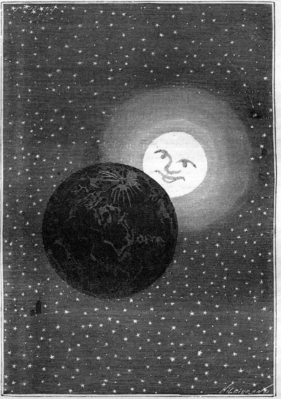 Jules Verne "A Hold körül" című könyvének metszete (Emile Bayard) (Hetzel-kiadás/Voyages extraordinaire 1870): a Föld elhalad a Hold mellett. alkotó: Emile Antoine Bayard