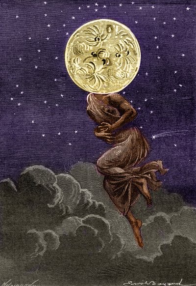 Jules Verne „” A Hold körül” (Hetzel-kiadás/Voyages extraordinaire 1870) című könyvének metszete (Emile Bayard): a hold egy fiatal nő testével megszemélyesítve... kólikában szenved! alkotó: Emile Antoine Bayard