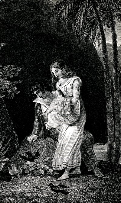 Jacques-Henri Bernardin de Saint-Pierre (Jacques Henri Bernardin de Saint-Pierre): Paul et Virginie című regényének 19. század végi kiadását illusztráló metszet. A madarak félelem nélkül szállnak partra a fiatal szerelmespár közelében az erdőben. Rajz b alkotó: Emile Antoine Bayard