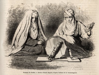 Femmes de Boukhara (Üzbegisztán), a fonott munkájukon dolgozik, Emile Bayard rajza alapján metszett, hogy illusztrálja Basile Vereschaguine 1867-1868-as közép-ázsiai utazását, megjelent a „Le tour du monde” 1873-ban, Edouard szerkesztette. Charton, Hach alkotó: Emile Antoine Bayard