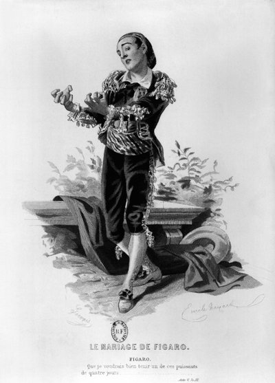 Figaro, illusztráció Pierre Augustin Caron de Beaumarchais (1732-99) "Figaro házassága" című művének V. felvonásából, 3. jelenet, metszette Eugene Gervais (19. század). alkotó: Emile Antoine Bayard