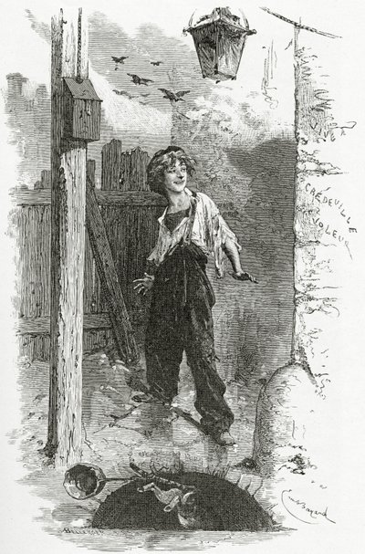 Gavroche, 19. század (bw-metszet) alkotó: Emile Antoine Bayard