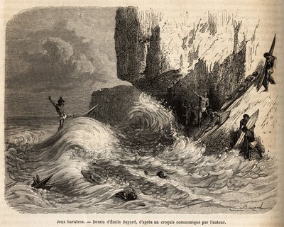 Hawaii játékok, a Mokapuu szakadékánál, Oahu szigetén, a lakosok kedvenc játékuk gyakorlásával terelték el a figyelmüket: szörfözés, metszet Emile Bayard rajza után, amely a Sandwich-szigetekre 1855-1869-ben tett utazást illusztrálja. alkotó: Emile Antoine Bayard