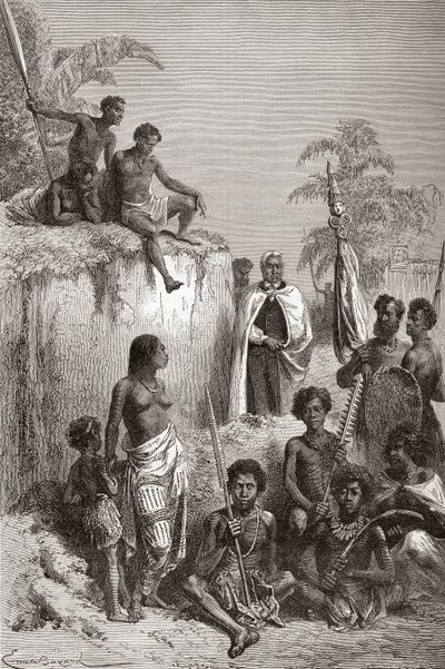 I. Kamehameha hawaii király és harcosai, illusztráció a „The World in the Hands” című könyvből, 1878-ban megjelent (metszet) alkotó: Emile Antoine Bayard