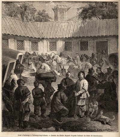 Hostel udvara Chiang Ping Cheouban. Emile Bayard (1837-1891) rajza Sanghajból Moszkvába 1859-től 1862-ig, M. de Bourboulon, Franciaország kínai minisztere által. Gravírozás a „Le tour du monde”-ban, szerkesztette Edouard Charton alkotó: Emile Antoine Bayard
