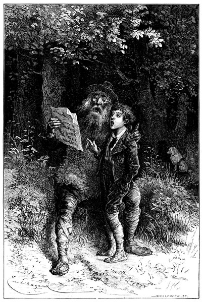 Illusztráció: Emile Bayard Hector Malot „” Sans Famille” című regényéhez: Remi Monsieur Vitalis utazó művésznel - utcazenész, saltimbank - énekel - Hetzel 1880-as kiadás - alkotó: Emile Antoine Bayard