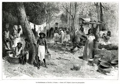 Les blanchisseuses au Chorillo, Panama, metszet E.Bayard rajza nyomán, A. Reclus, hajóhadnagy, 1876-tól 1878-ig, a tour du monde-ban megjelent, Kutatás Panama és Darien földszorosán című történetének illusztrálására. irányítása alatt alkotó: Emile Antoine Bayard