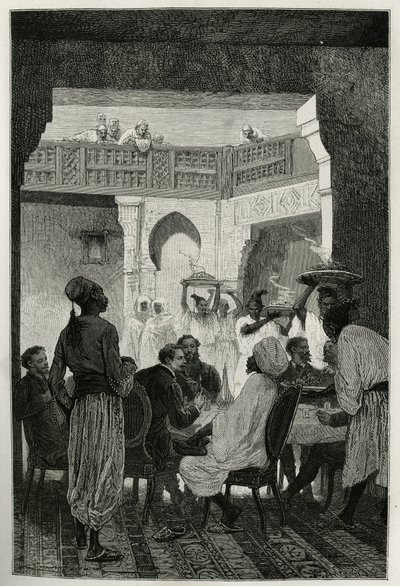 Ebéd a hadügyminiszternél, turbán fejdísz, szemben a mese írójával, az udvaron érkező szolgák sora viszi az étel edényeit, Emile Bayard metszet, Edmondo de Amicis Marokkó történetének illusztrálására , 1875-ben, publ alkotó: Emile Antoine Bayard