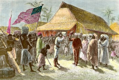 Henry Morton walesi robbantó és újságíró (1841-1904) és David Livingstone, az afrikai kontinens skót misszionárius felfedezője (1813-1873) találkozása a Tanganyika-tó partján található Ujijiben november 10-én. alkotó: Emile Antoine Bayard