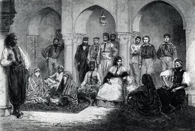 Tinne kisasszony a ház személyzetével, Algír, illusztráció a Le Tour du Monde-ból, 1871 alkotó: Emile Antoine Bayard